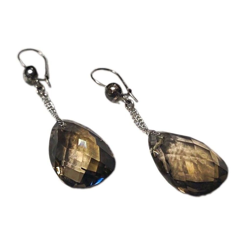 Silver Tone Leverback Earrings Teardrop Gray Crystal Dangle Drop 2"